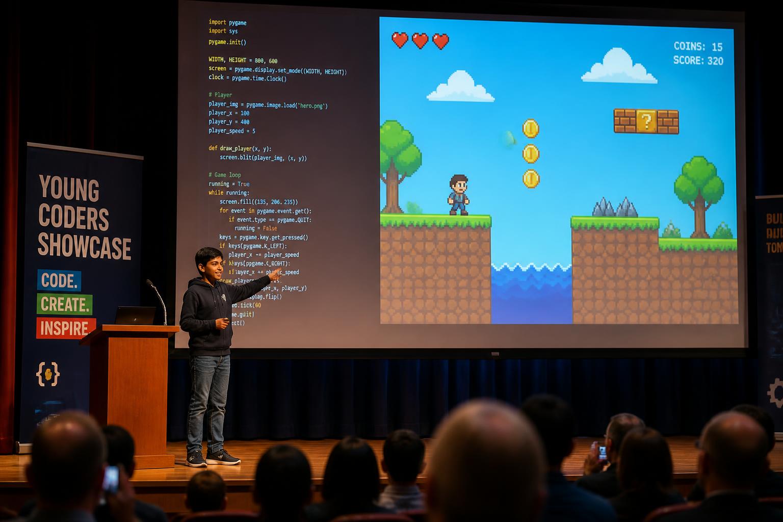 Student presenting their Python platformer game on stage