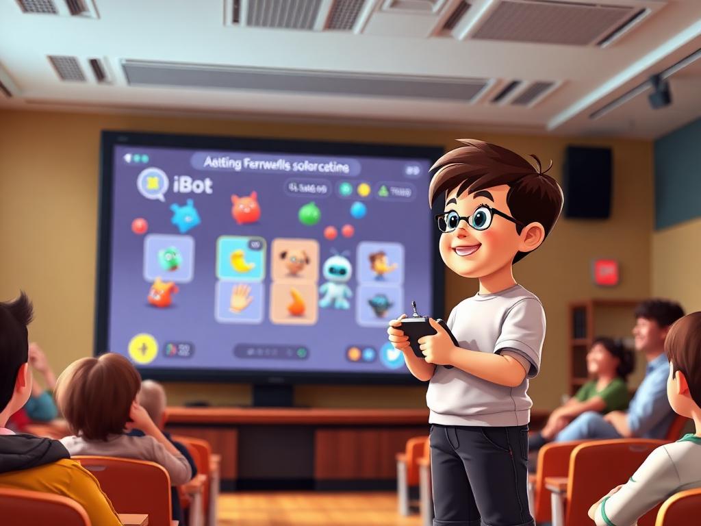 Student presenting their AI game on stage