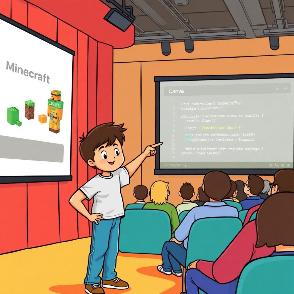 Student presenting their Minecraft project on stage