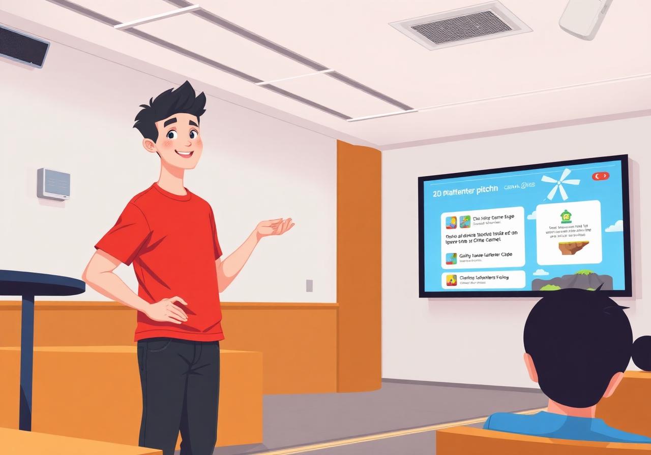 Student presenting their Codey Adventures game on stage