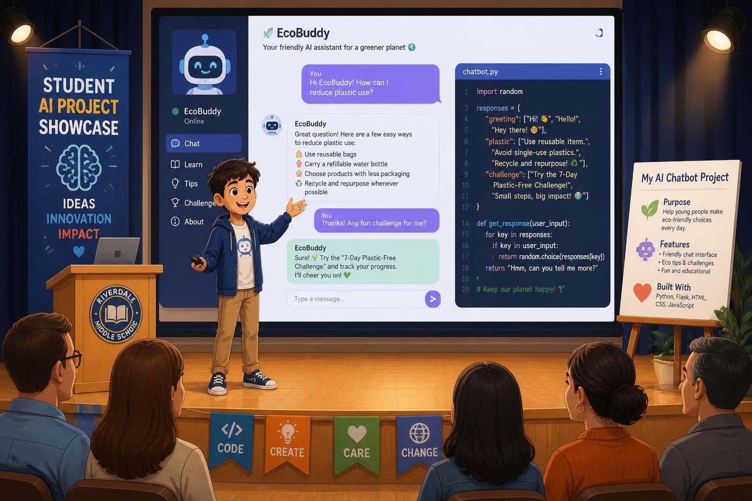 Student presenting their AI chatbot project on stage to an audience of parents
