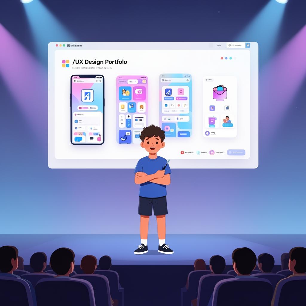 Student presenting their Behance portfolio on stage